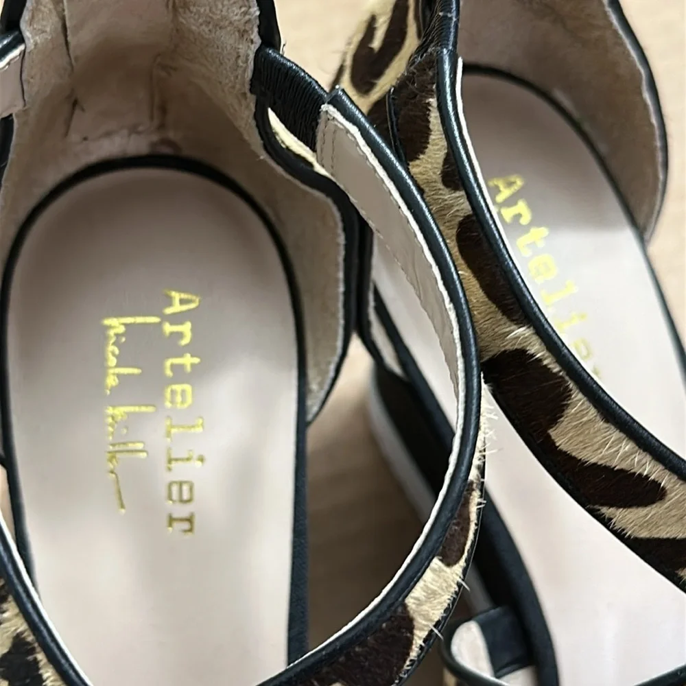 Leopard Print Strappy Wedge Sandals - Black & Tan